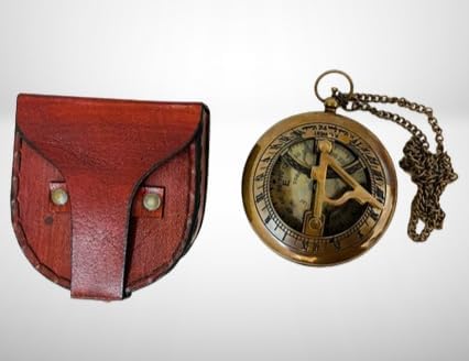 Brass Compass with Leather Case Vintage Brass Nautical Clock Antique Gift Sundial Pocket Retro Marine Christmas Steampunk Engraved Clock