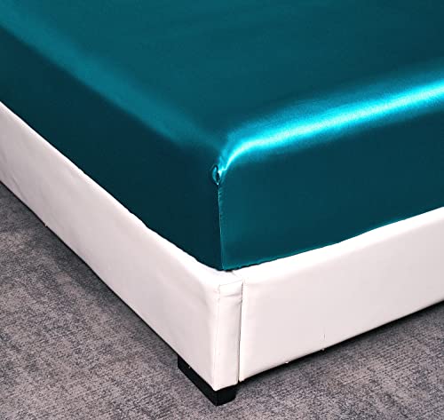 Dushow Fitted Satin Sheets Twin,Silkly Teal Satin Bed Sheets,Deep Pocket Satin Fitted Sheet Twin,Breathable Soft Comfortable Bed Satin Fitted Sheet Only(Twin,Teal) #TOP2