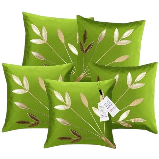Image of Golden Floral Cushion Covers, 16x16 Inch, Cream Beige, Set of 5 (Green)