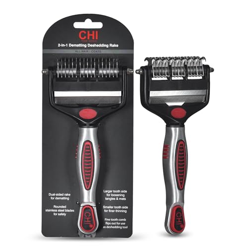 CHI for Dogs 2-in-1 Dematting and Deshedding Rake - Dual-Head Grooming Tool for Mats and Knots - Flip-Out Fine Rake for Smoothing Coats - Large Blade for Thick Fur - Dog Detangler Comb