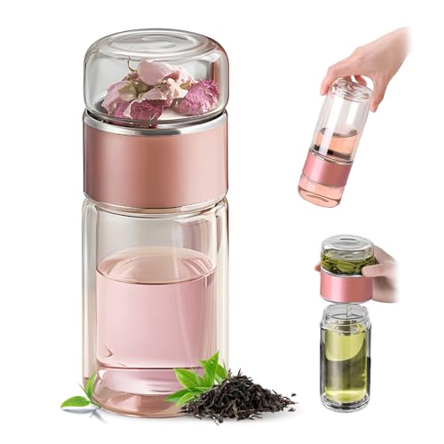 nnOuOnn 3-in-1 Smart Tea Infuser Bottle, Portable Double Glass with Integrated Strainer Teas Separation Cups, Flip and Brew Tea, for Loose Leaf Teas and Infused (Pink, 350ml)