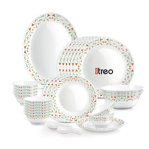 Image of Treo by Milton Opalware Aurelia Meena Dinner Set of 33 | Serving for 6 | Microwave & Dishwasher Safe | Bone-Ash Free | Tempered Toughness | Plates, Bowls, Spoons | Crockery Set for Dining & Gifting