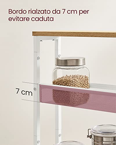VASAGLE Carrello a 4 Ripiani, Carrello Cucina Salvaspazio con Ruote, Struttura in Acciaio, Maniglia, Carrellino Piccoli Spazi, Bagno Salotto Studio, Beige Rovere e Bianco LRC032W09 - Immagine 5