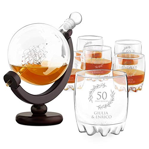 Maverton Decanter per Whisky in vetro - incisione personalizzata - Caraffa a forma di mappamondo da 850 ml + 6 Set bicchieri whisky - idee regalo per anniversario per coppia - senza fine