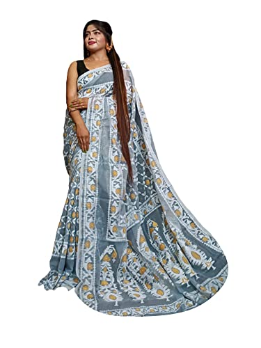 Saree en coton bengali jamdani gris tissé main vêtement traditionnel élégant Dhaka
