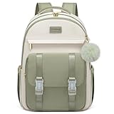 LOVEVOOK School Backpack for Teen Girls, Cute Student Backpack Purse Kid Bookbag for 14-16 Teenage, Back to School Backpacks Fit 15.6 Inch Laptop, Large College Travel Bag, Beige-Light Green