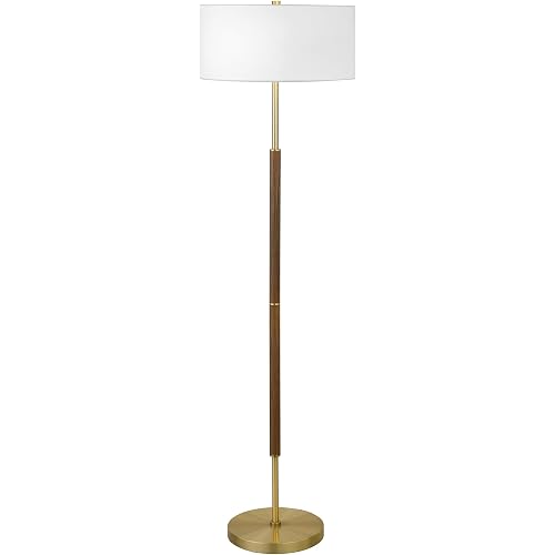 Henn&Hart 2-Light Floor Lamp with Fabric Shade in Rustic Oak/Brass/White, Floor Lamp for Home Office, Bedroom, Living Room