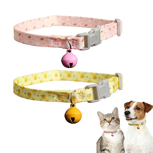 2 pcs Collare Gatto Taglia Piccola Regolabile con Campanello Poliestere Resistente e Lavabile Collare Cane Personalizzato 20-30cm Giallo rosa