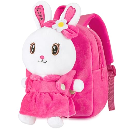 HONGTEYA Toddler Plush Backpack with Stuffed Bunny Toy - Mini Backpack for Girls, Ages 1-4 - Perfect for Birthdays & Easter Gifts