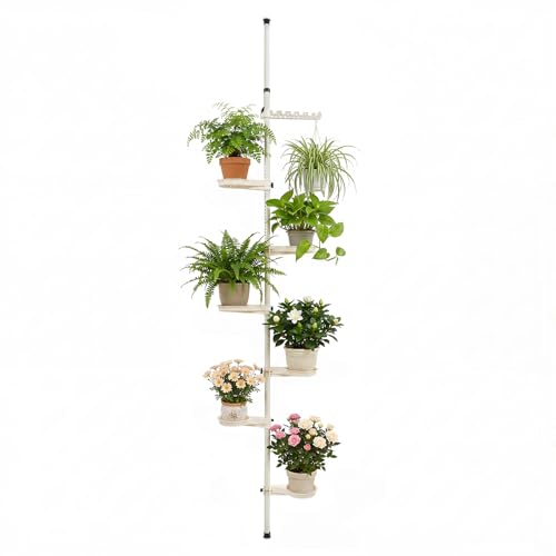 RENJLUN Indoor Plant Stand Tension Rod Adjustable Plant Pole Stand Tension Rod Hanger Floor to Ceiling Tension Organizer with Trays Hanging Shelf for Living Room Balcony