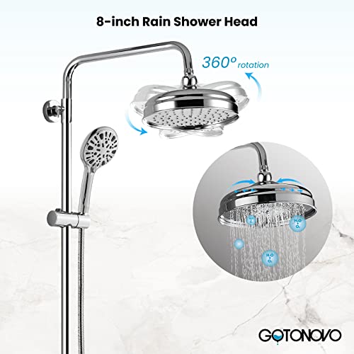 gotonovo Exposed Bathroom Shower Faucet Set Wall Mount Chrome Polished 8 Inch Round Shower Head Dual Cross Handle with ABS Adjustable Handheld Sprayer Triple Function with Tub Spout