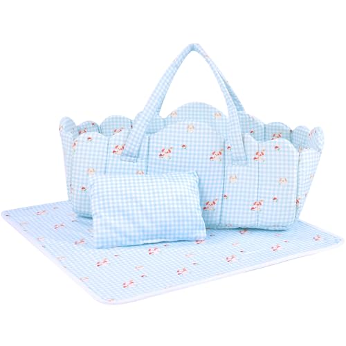 BABESIDE 3 Pcs Baby Doll Bassinet with Bedding Set for 17-22 Inch Babydolls, Cute Puppy Print Baby Dolls Crib Dolls Bed with Pillow Blanket for Reborn...