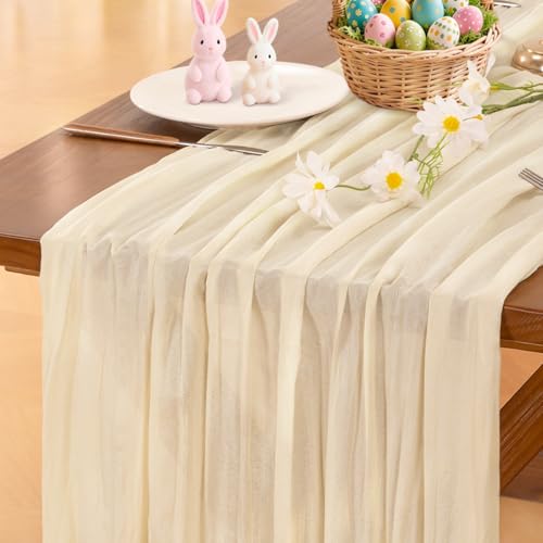 Image of Socomi 2pcs Beige Easter Spring Cheesecloth Table Runner Boho Rustic Gauze 120 inch 10FT Cheese Cloth Runner for Wedding Party Baby Shower Birthday Home Decor Holiday Decorations