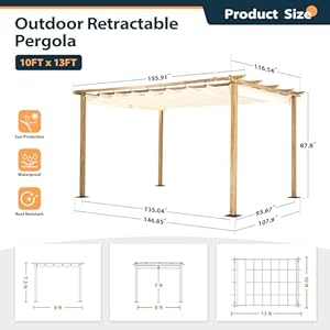 HAPPATIO 10 X 13 Retractable Pergola Canopy for Backyard Garden Patio Woodgrain Look Aluminum Pergola with Retractable Canopy Includes Anchors and Expansion Screws Beige