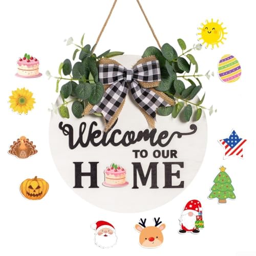 Cartello di benvenuto stagionale per porta d'ingresso con pannelli rotondi in legno rustici intercambiabili, adatto per interni ed esterni, per creare un'atmosfera accogliente della casa (bianco)