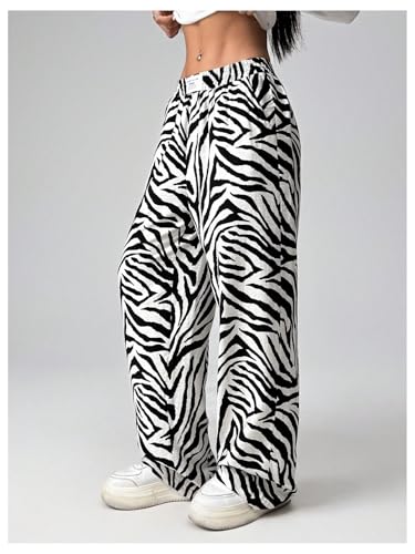 Image of RoseSeek Women's Letter Leopard Print Y2K Straight Elastic Waist Leg Pants | Cheetah Print, Straight, Baggy Loose Fit, Slant Pocket, Streetwear, Vintage, Graphic Trousers