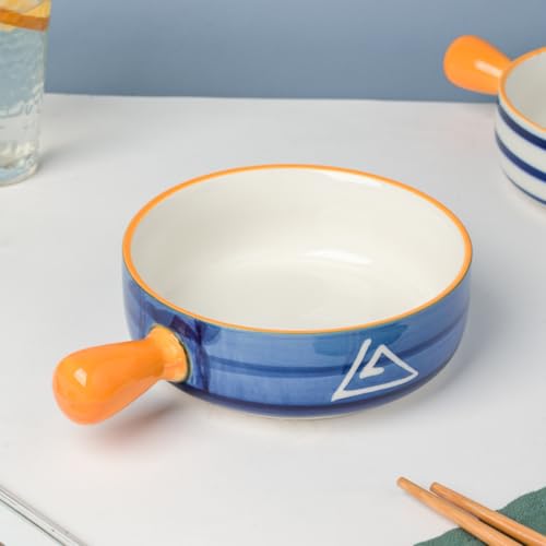 Nestasia Nitori Abstract Round Ceramic Bowl with Handle - White and Blue Design for Serving Snacks,