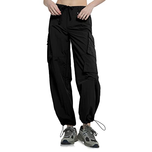 Parachute Pants For Women Baggy Cargo Pants Women Low Waisted With Pockets Drawstring Y2K Pants,Black L #TOP27