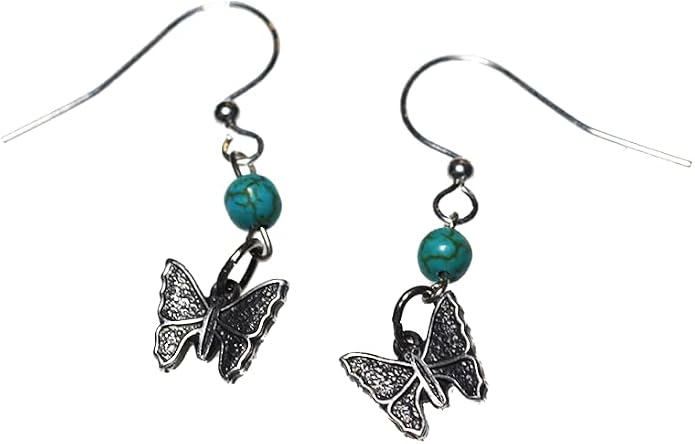 Elaine Coyne Collectible Artwear Antique Silver Plated Solid Brass Delicate Butterfly Dangle Earrings - Turquoise