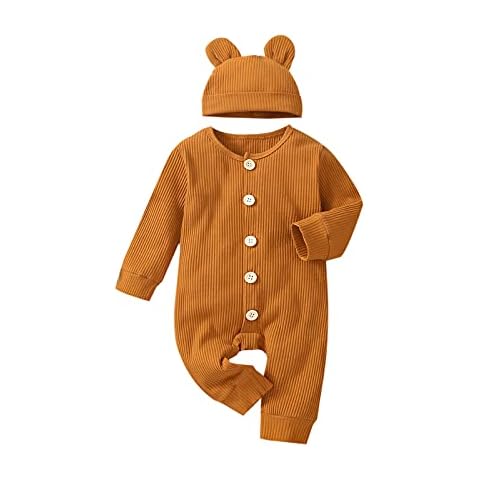 Tookuter Winter Unisex Baby Boy Girl Romper Clothes Infant Solid Ribbed Long Sleeve Button Jumpsuit Hat Outfits 2pcs (Brown,0-6 Months) Cover