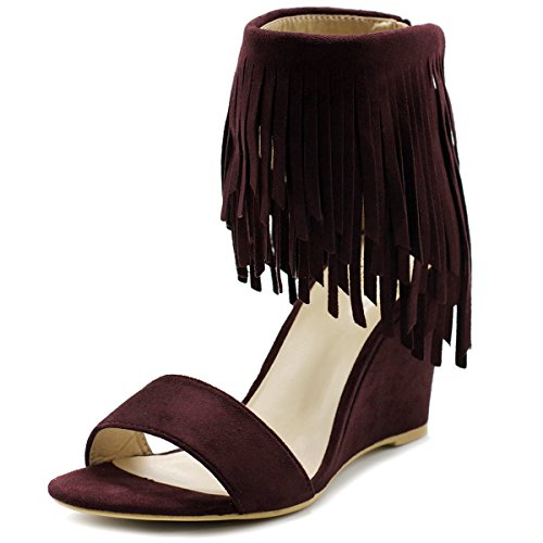Ollio Womens Shoe Fringe High Heel Wedge Sandal HW03(6 B(M) US, Wine)
