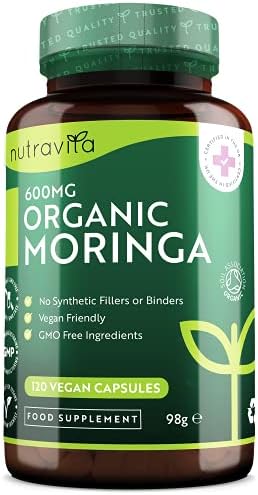 Organic Moringa 600mg per Capsule - Moringa Oleifera Leaf Supplement - 120 Vegan Capsules - 4 Month Supply - No Synthetic Binders or Fillers - Made in The UK by Nutravita