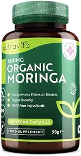 Organic Moringa 600mg per Capsule - Moringa Oleifera Leaf Supplement - 120 Vegan Capsules - 4 Month Supply - No Synthetic Binders or Fillers - Made in The UK by Nutravita