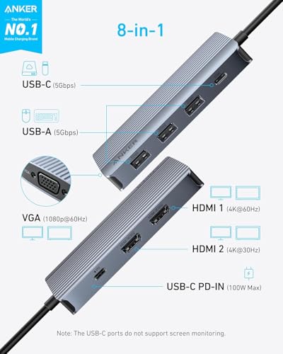 8-in-1 USB-C Hub, USB C Docking Station Triple Display Multi-Port Dongle with 2 HDMI 4K and VGA 1080p, 5Gbps Data Transfers, USB Ports for MacBook Air/Pro, Dell XPS, iPad Pro, and More - Hub USB - Immagine 1