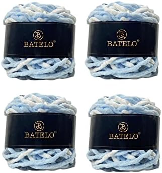 BATELO 4 Skeins Soft Chenille Yarn, Blanket Yarn for Hand Craft & Crochet Project - 4×50yds, 4×100g - White&Blue&Gray