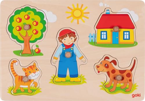 goki 57306 - Puzzle à emboîter Chat et Chien - Puzzle Animal avec poignées en Bois pour Tout-Petits