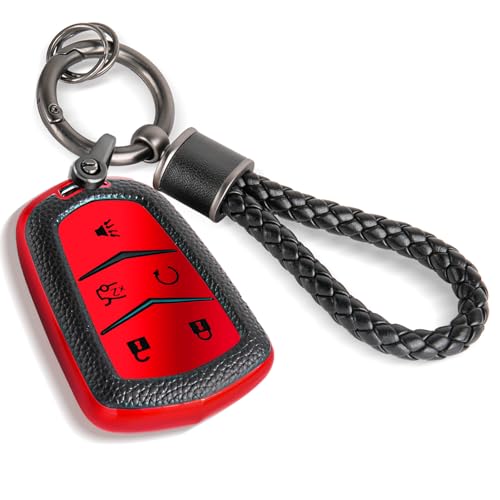 Image of Key Fob Cover for Cadillac, Braided Loop Keychain Case, Red