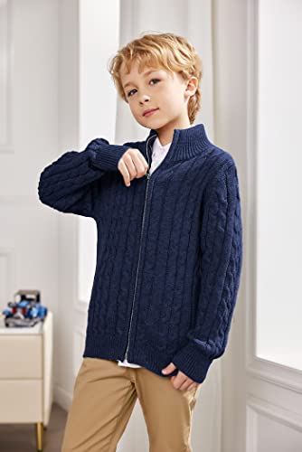 Boyoo Boy's Cardigan Sweater Full Zip Cable Knit Uniform Sweater Jacket With Pockets For 4-12 Years Navy Blue #TOP2