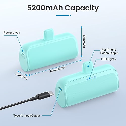 [2 Pack]Mini Portable Charger for iPhone, 5200mAh Ultra-Compact Fast Charging Power Bank Cordless Cute Small Battery Packs Backup Compatible with iPhone 14/14 Pro Max/13/13 Pro/12/XR/8/7/6(Green+Pink) - Thumbnail 5