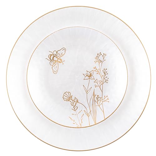 PLASTICPRO 48 Piece Honeybee Collection Pearl White With Gold Rim Combo Plastic Dinner Plates Disposable Plastic Fancy Heavy Duty Party Dishes 24, 7'' inch and 24, 10'' inch, Elegant Tableware by PLASTICPRO - Used condition - US$30.24