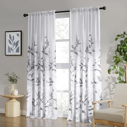 HOMEIDEAS Grey and White Semi Sheer Curtains, 84 Inches Long Light Filtering Drapes, Gray Leaf...