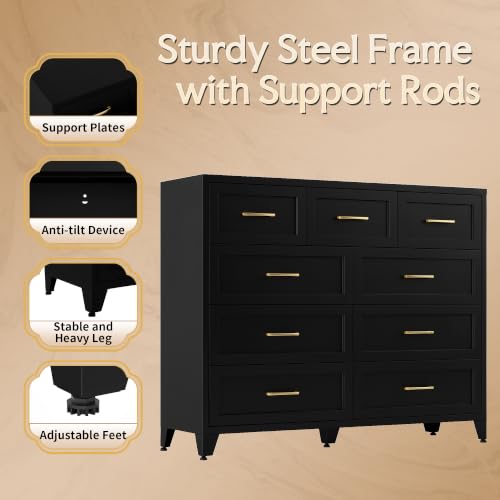 Image of Metal Dresser, 9 Drawer Chest of Drawers for Bedroom, Black