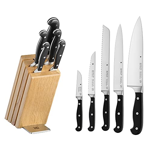 WMF Messerblock Spitzenklasse Plus 6-teiliges Messerset, 5 geschmiedete Küchenmesser mit Performance Cut für langanhaltende Schärfe, Block aus Eiche mit Koch-, Brot- und Fleischmesser, Made in Germany
