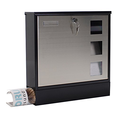 Rottner A4 Design Steel/Stainless Large Steel Letter Box with Integrated Newspaper Holder, Black & stanless Steel, 380x370x120 mm, 5535