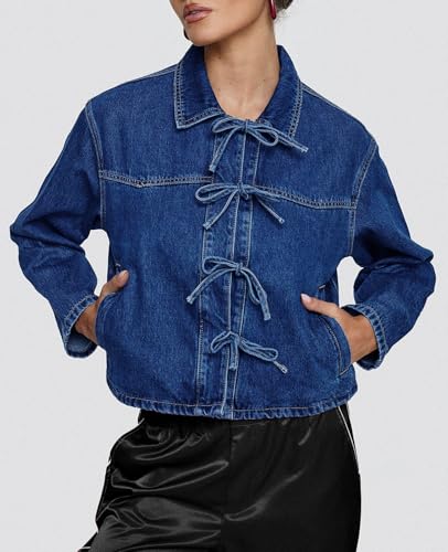 Tankaneo Womens Bow Tie Front Denim Jackets Cropped Oversized Casual Jean Shackets Y2k Lightweight Cute Coats3