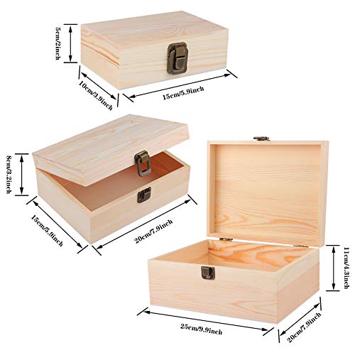 ADXCO 3 Pack Unfinished Wood Treasure Chest Decorative Wooden Box Pine Wood Box with Locking Clasp for Crafts, Art, Hobbies, Projects, Jewelry Box and Home Storage - Thumbnail 2