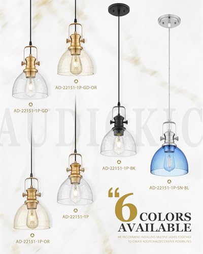 Image of 7.5 inch Gold Pendant Lights Kitchen Island, Amber Seeded Glass Shade | Farmhouse Vintage Hanging Light Fixture for Dining Room, Adjustable Hanging Height, E26 Base, 22151-1P-GD-OR