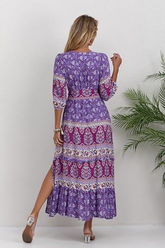 Image of Women Boho High-Waist Floral Print Maxi Dress 3 /4 Sleeve Casual | Soft Rayon, Breathable, Quick-Dry. High-Waist with Adjustable Belt, Flattering Hem. Ideal for Beach, Work & Dating.