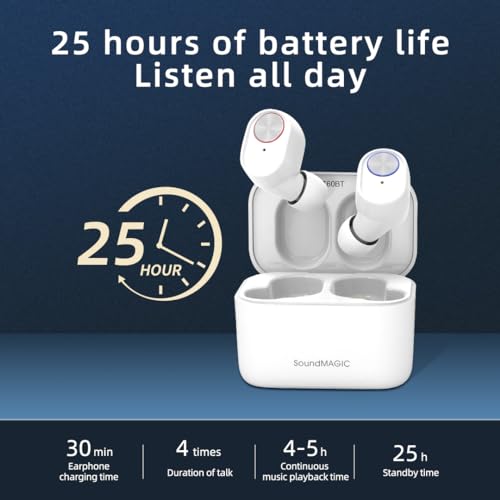 Image of Soundmagic T60BT True Wireless Headphones in Ear Bluetooth Earphones, Built-in Microphone HiFi Stereo Sports Earbuds Waterproof White