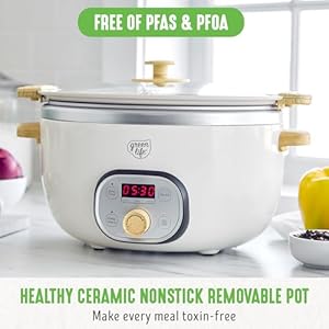GreenLife 6 Quart Ceramic Slow Cooker, PFAS-Free, Programmable, Removable Healthy Nonstick Pot for Family Meals, Sear on Stovetop, Keep Warm, Digital Timer, Dishwasher Safe Glass Lid & Crock, Cream GreenLife 6 Quart Ceramic Slow Cooker PFAS Free Programmable Removable Healthy Nonstick Pot for Family Meals Sear on Stovetop Keep Warm Digital Timer Dishwasher Safe Glass Lid Crock Cream