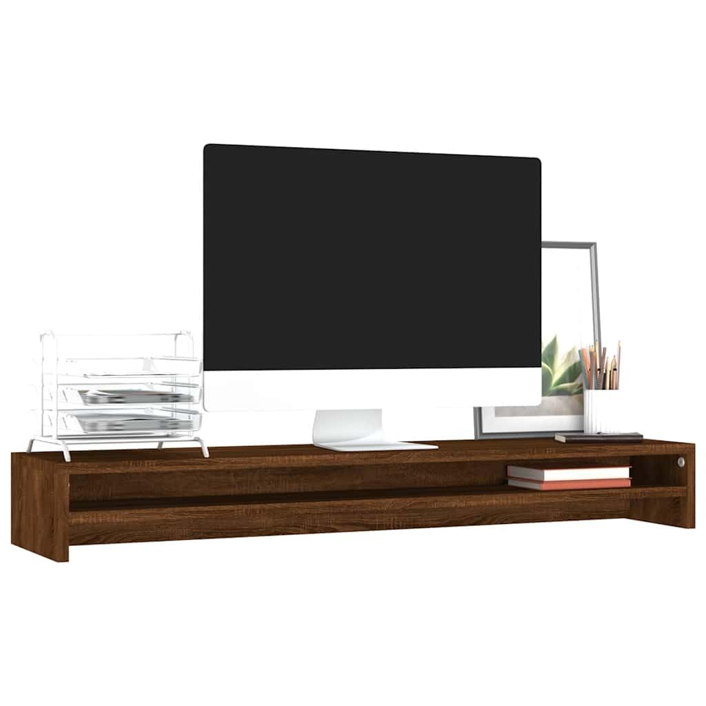 Supporto per monitor marrone effetto rovere, 100 x 24 x 13 cm, in legno con ripiano, regolabile in altezza, orientabile, per ufficio, gaming, soggiorno, doppio monitor, supporto VESA