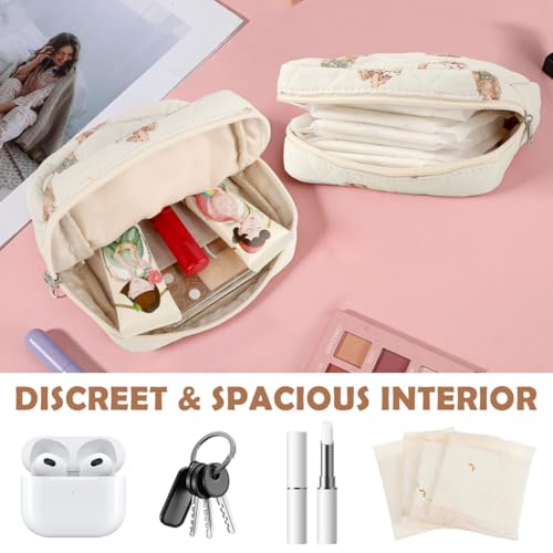 Image of MAYCREATE Sanitary Pads Storage Small Pouches for Women, Cotton Quilted Small Makeup Pouch, Cartoon Bear Zipper Storage Bag for Menstrual Supplies, Makeups, 14x14cm