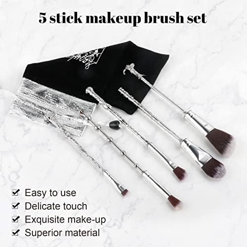 [5 PCS] Makeup Brush Set Metal, Silver Handle Wizard Wand Anime Collection for Foundation Blush, Eyeshadow, Face Concealer, Eyeliner Contour, Powder Liquid Eye, Anime Gift for Girls Women