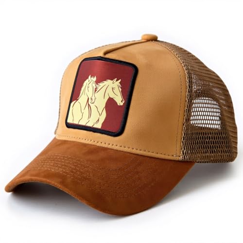 Image of Baseball Cap for Men Original Adjustable Unisex Cap, Mens Caps Stylish, Brown Suede Cap with Net Back, Structured 5 Panel A-Frame Trucker Hat, Amber Luxe