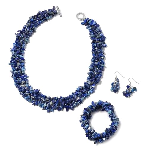 Lapis Lazuli Crystal Chakra Reiki Healing Chips Stretch Bracelet Earrings Necklace Steel Fashion Costume Jewelry Sets for Women Size 18" Unique Valentines Day Women Christmas Gifts