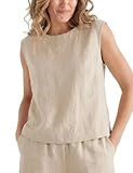 IDEALSANXUN Camiseta sin Mangas de Lino para Mujer, para Primavera y Verano, con Botones en la Espalda, Manga Casquillo, Beige, S